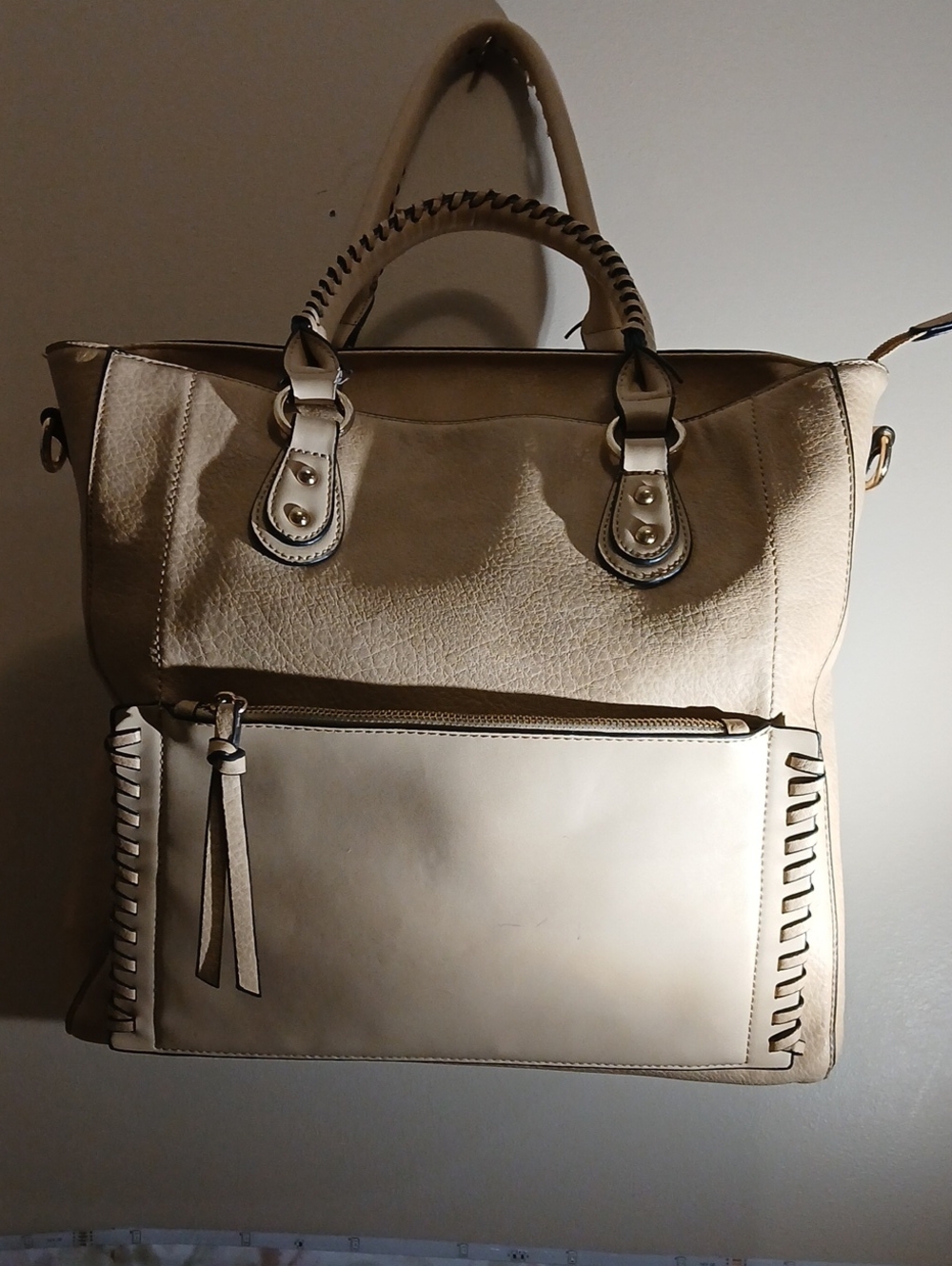 Classic Beige Tote Bag with Front Zip Pocket